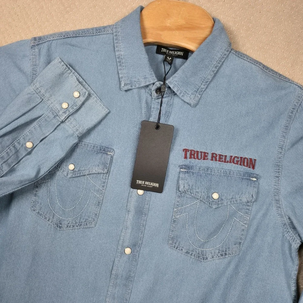 NWT True Religion Western Denim Shirt Men Medium Chambray Pearl Snap Embroidered